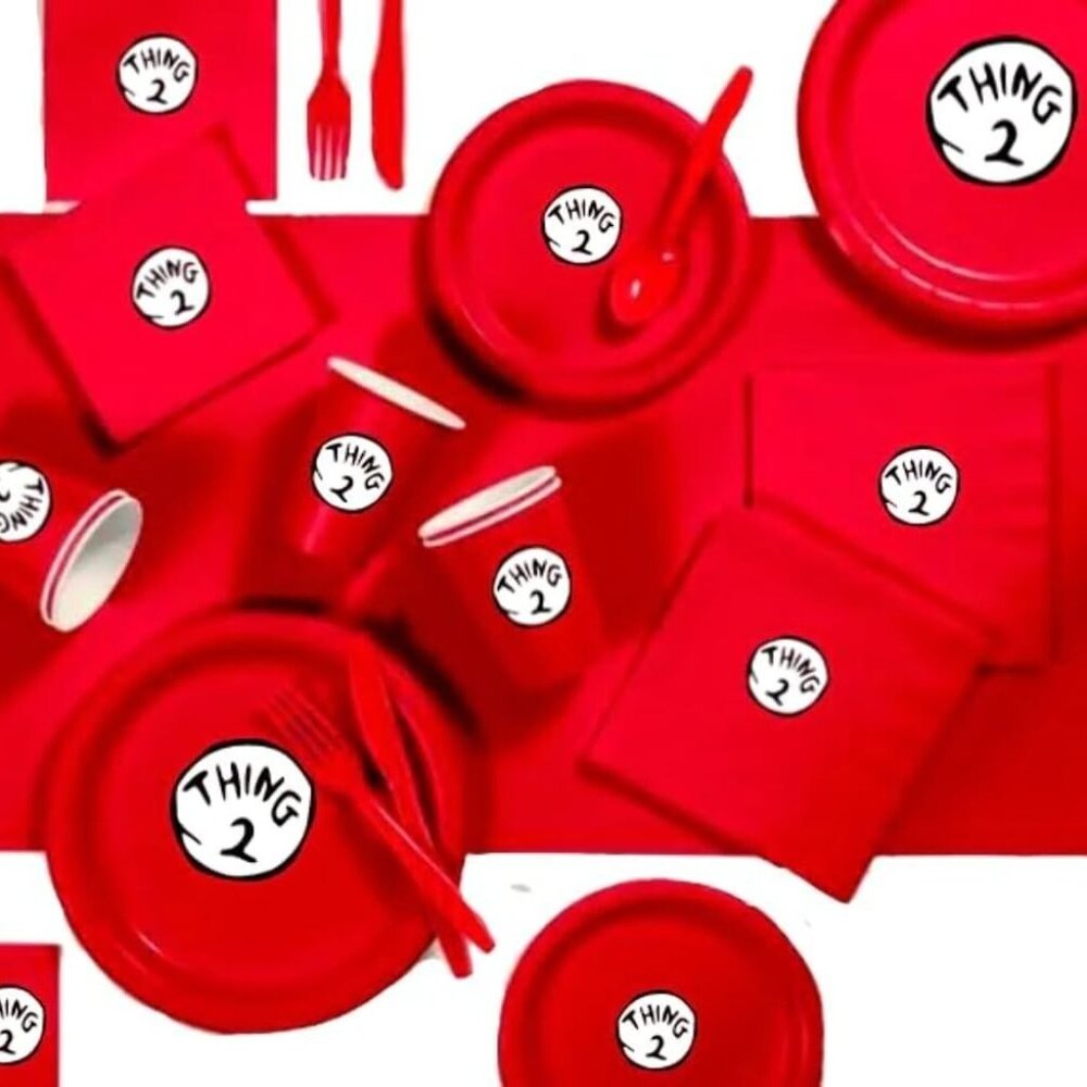 Custom 60 piece Thing 2 Birthday dinnerware Party Plates, cups and napkins: Red